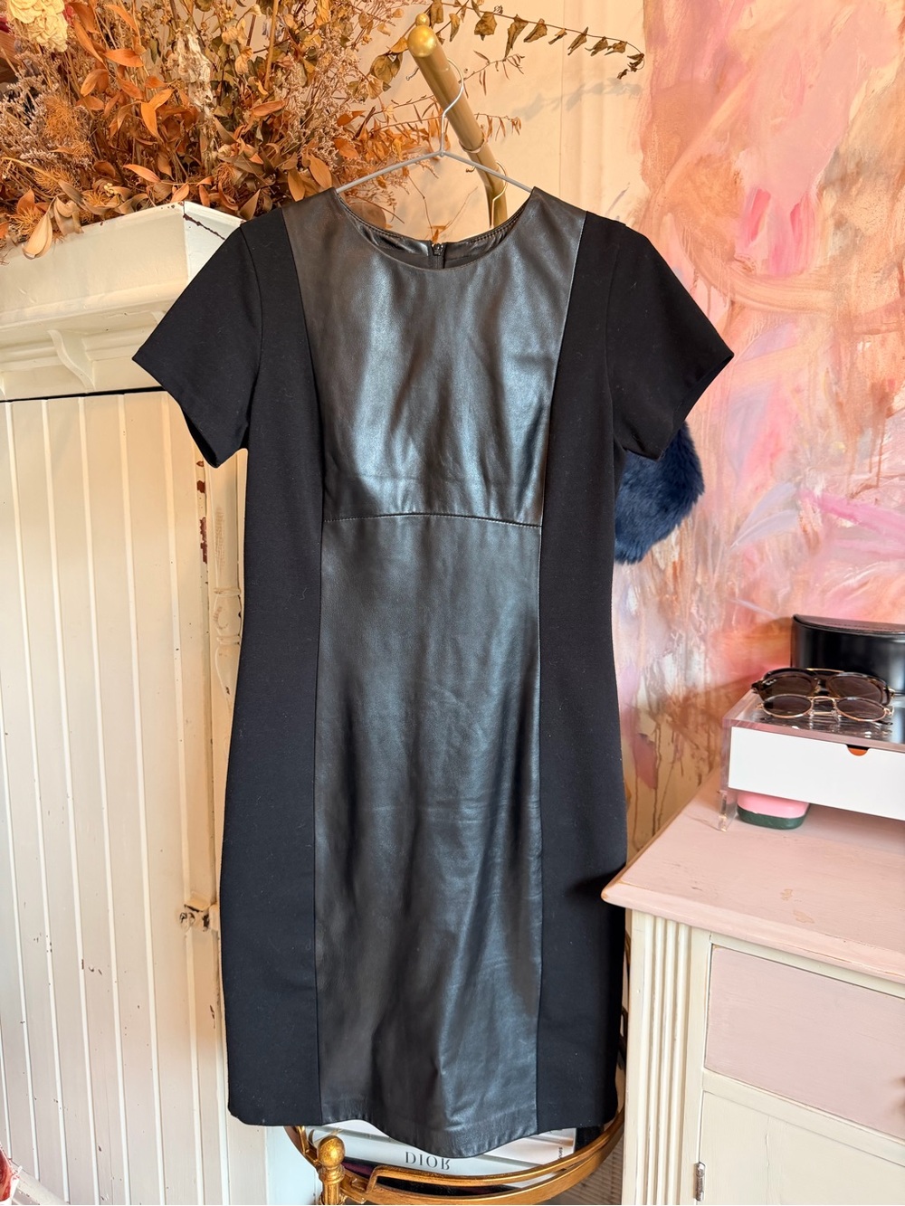 Danier Black Leather Panel Short Sleeve Dress